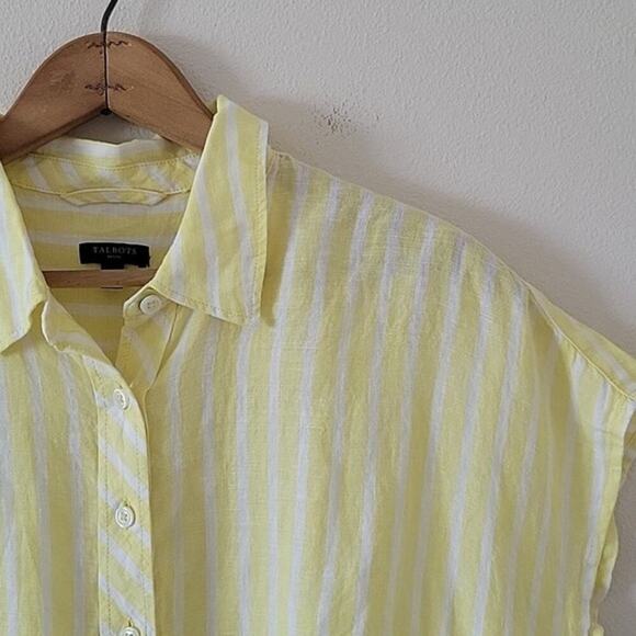 Talbots Yellow Striped Tie Hem Button Front Top Size Medium Petite MP - Picture 2 of 7